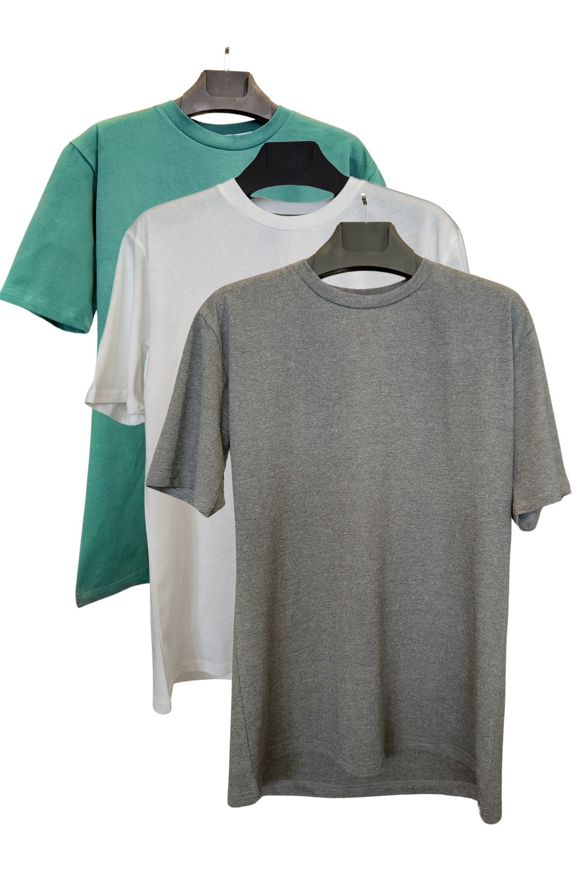 %100 Pamuk Slim Fit 3'lü Tişört Seti - Koyu Yeşil/Beyaz/Füme