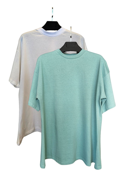 %100 Pamuk Oversize 2'li Tişört Seti - Beyaz/Mint Yeşili