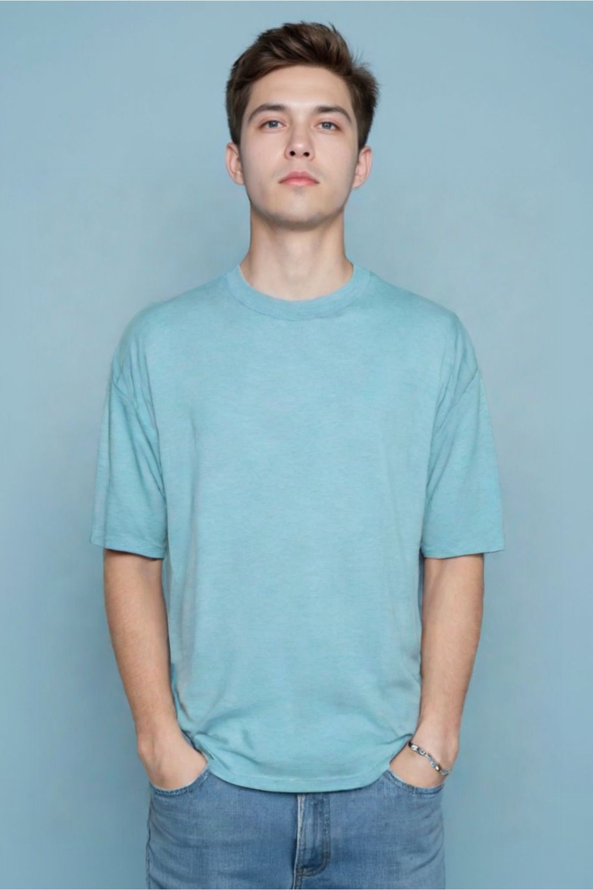 %100 Pamuk Slim Fit Basic Tişört - Mint Yeşili