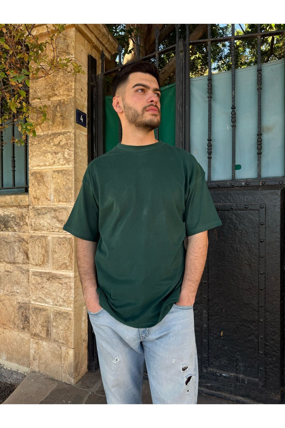 %100 Pamuk Oversize Basic Tişört - Koyu Yeşil