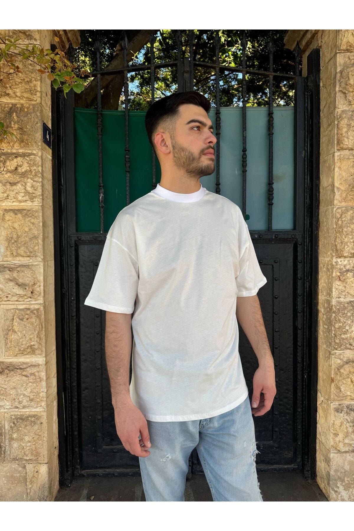 %100 Pamuk Oversize Basic Tişört - Beyaz