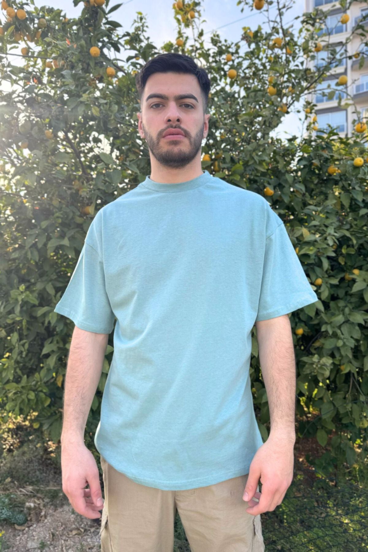 %100 Pamuk Oversize Basic Tişört - Mint Yeşili
